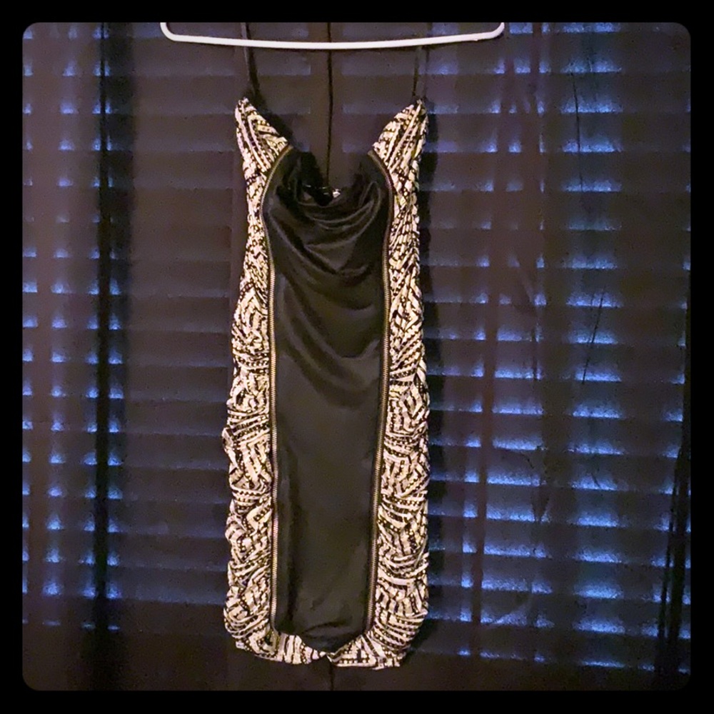 Sequence black gold and white zipper stretch dress